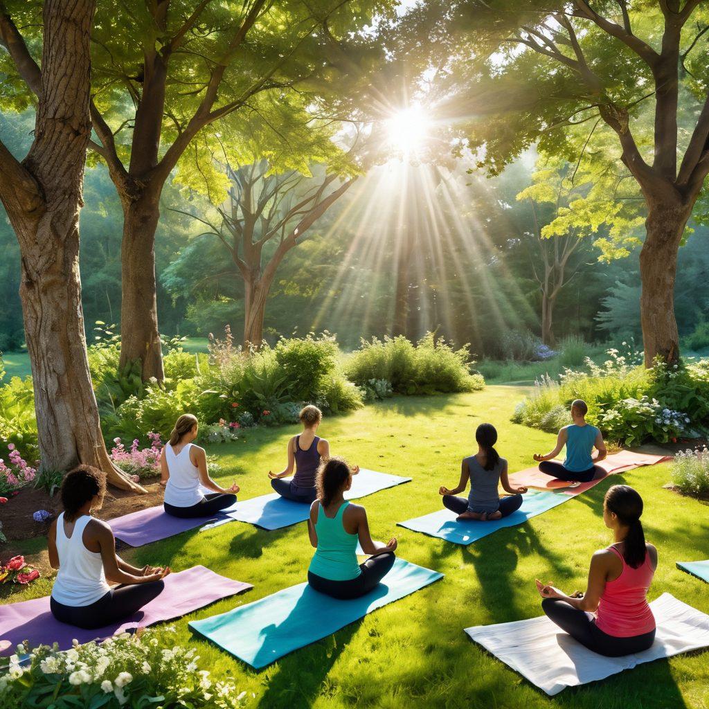 A serene wellness landscape showcasing a diverse group of people engaging in healthy activities such as yoga, cooking nutritious meals, and enjoying nature, symbolizing hope and recovery. Soft sunlight filters through trees, highlighting vibrant colors of green and blooming flowers. Elements like a journal, smoothie, and a support group in the background emphasize lifestyle changes. super-realistic. vibrant colors. uplifting atmosphere.