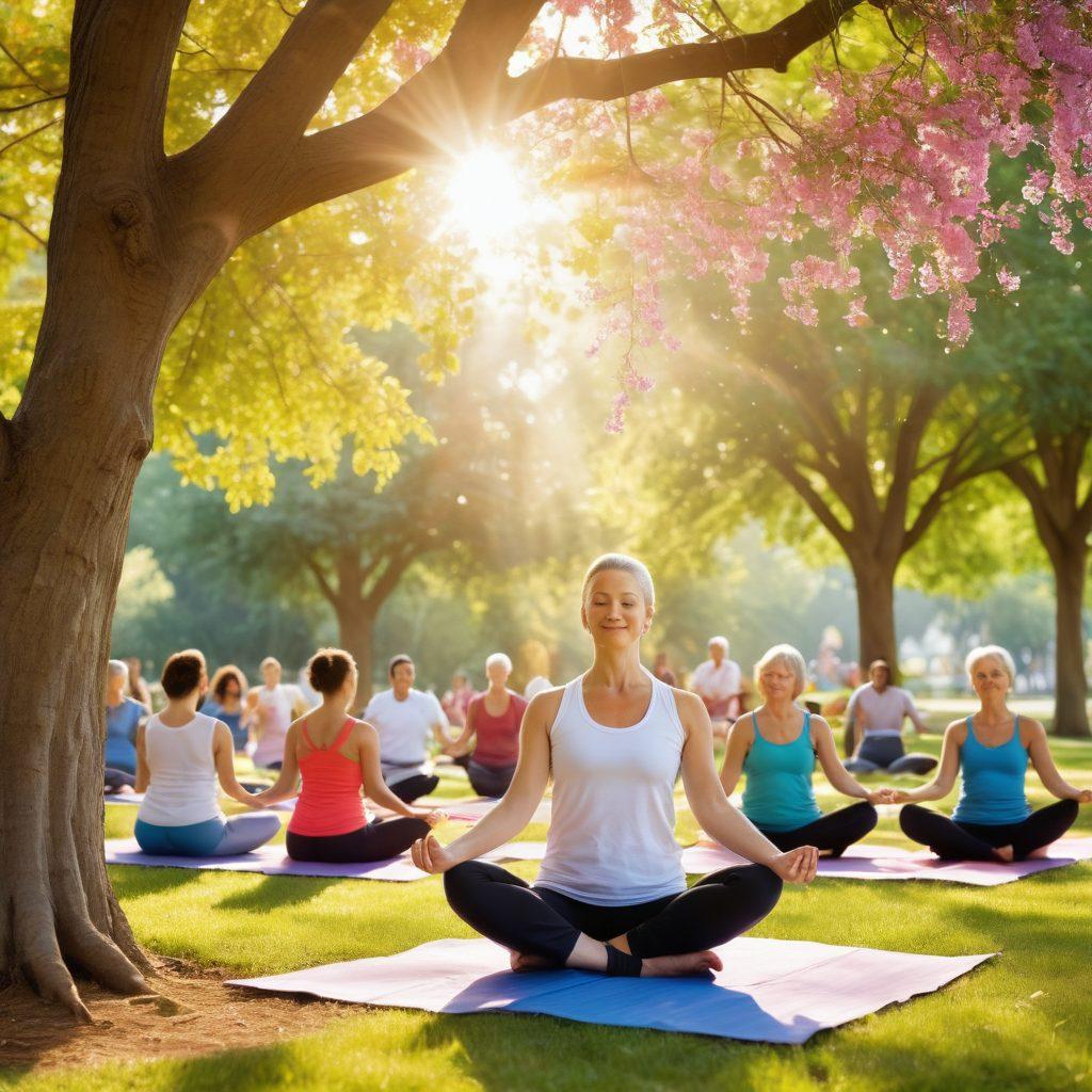 A diverse community gathering in a serene park, engaging in various lifestyle activities such as yoga, gardening, and sharing healthy meals, symbolizing support and resilience in survivorship. The backdrop features warm sunlight filtering through trees, creating a sense of hope and positivity. Include elements like colorful ribbons representing cancer awareness and flowers blooming, showcasing the theme of growth and healing. painting. vibrant colors. uplifting atmosphere.