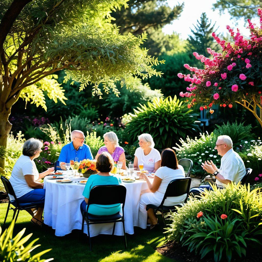 A serene community gathering illustrating support for cancer survivors, featuring diverse individuals sharing stories and laughter in a lush garden setting. Incorporate elements of nature, like blooming flowers and gentle sunlight, symbolizing hope and renewal. Add warm, vibrant colors to evoke a sense of empowerment and camaraderie. super-realistic. vibrant colors. natural lighting.